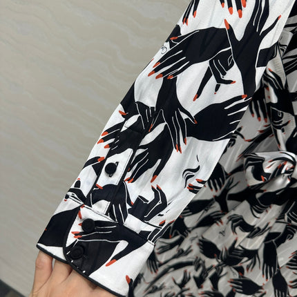 DVF WHITE AND BLACK PRINTED SILK SHIRT DRESS