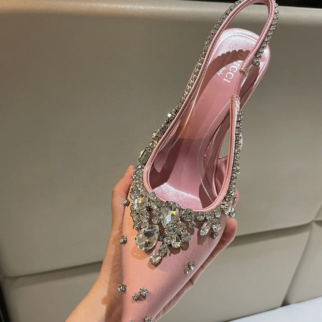 GG HIGH SLINGBACK 105 IN PINK SATIN WITH CRYSTAL DIAMONDS