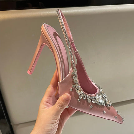 GG HIGH SLINGBACK 105 IN PINK SATIN WITH CRYSTAL DIAMONDS