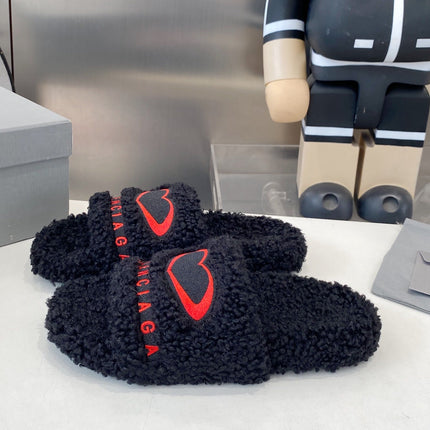 BALENCIAGA 25S FLAT SLIPPERS IN BLACK MIX RED WOOL