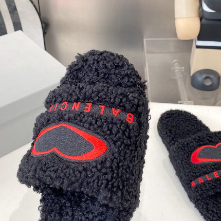 BALENCIAGA 25S FLAT SLIPPERS IN BLACK MIX RED WOOL