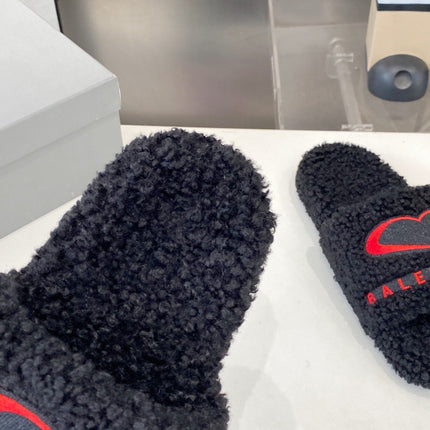 BALENCIAGA 25S FLAT SLIPPERS IN BLACK MIX RED WOOL