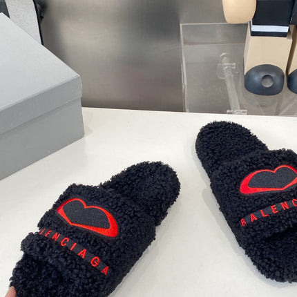 BALENCIAGA 25S FLAT SLIPPERS IN BLACK MIX RED WOOL