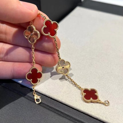 CLOVER BRACELET 5 MOTIFS CARNELIAN PINK GOLD