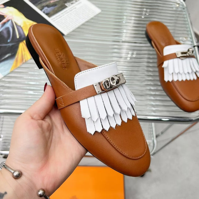 OZ MULE CARAMEL MIX FRINGED WHITE CALFSKIN