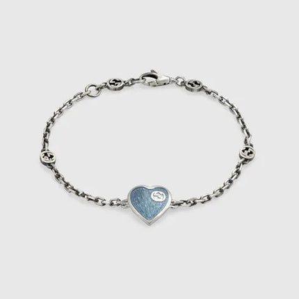 GG HEART AGED FINISH STERLING SILVER BLUE ENAMEL BRACELET