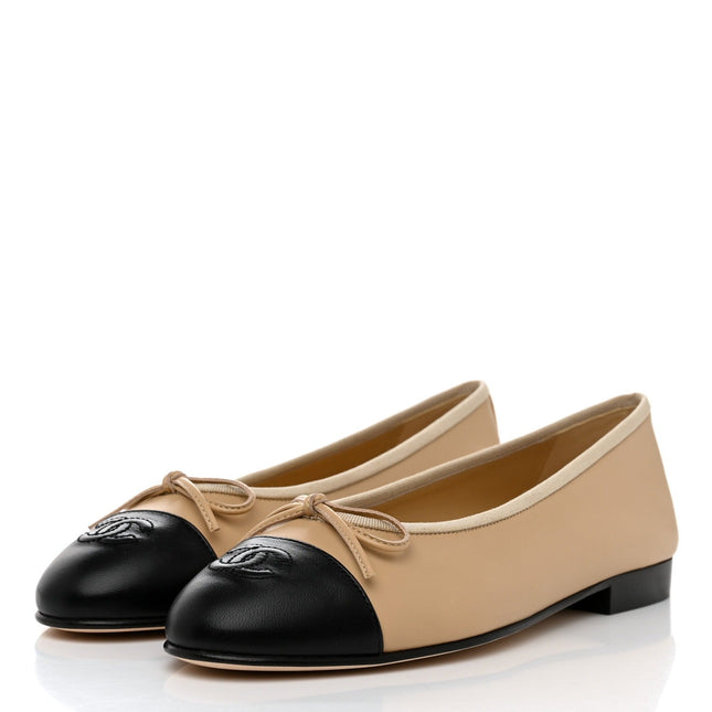 BALLET FLATS BEIGE BLACK LAMBSKIN