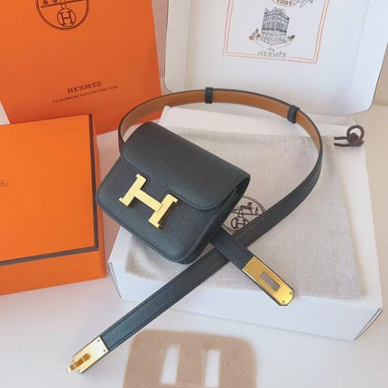 HM KELLY CONSTANCE SLIM WALLET BELT IN BLACK CALFSKIN GOLD HARDWARE