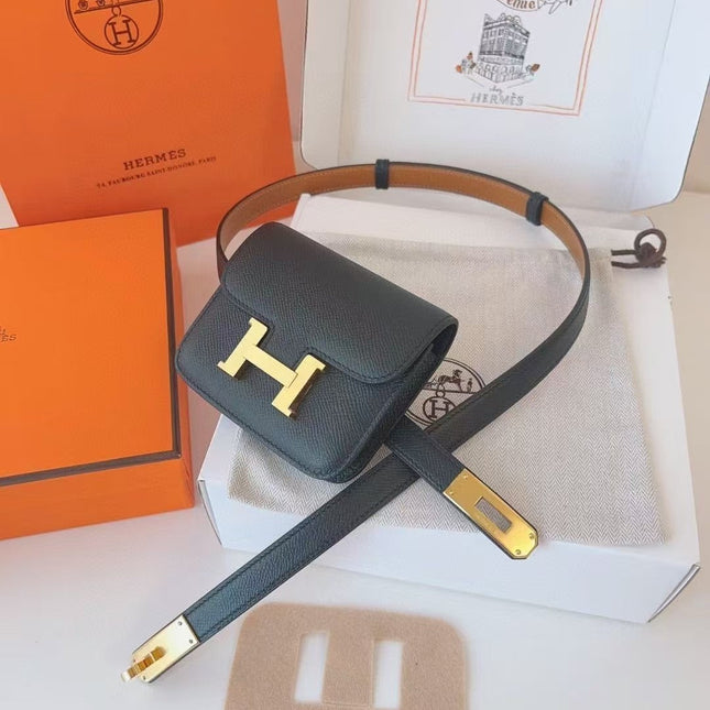 HM KELLY CONSTANCE SLIM WALLET BELT IN BLACK CALFSKIN GOLD HARDWARE