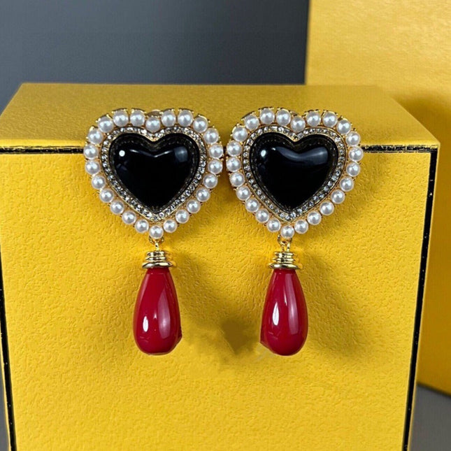 F HEART PEARL GOLD EARRINGS