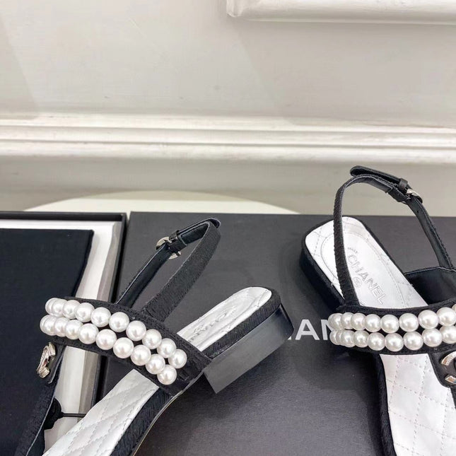 SLINGBACKS WHITE/Black LAMBS With PEARL