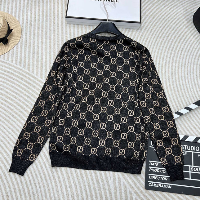 GG V-Neck Long Sleeve Cardigan Black Beige Monogram