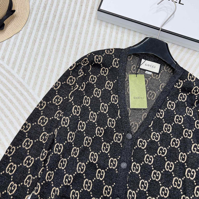GG V-Neck Long Sleeve Cardigan Black Beige Monogram