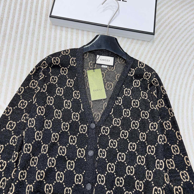GG V-Neck Long Sleeve Cardigan Black Beige Monogram