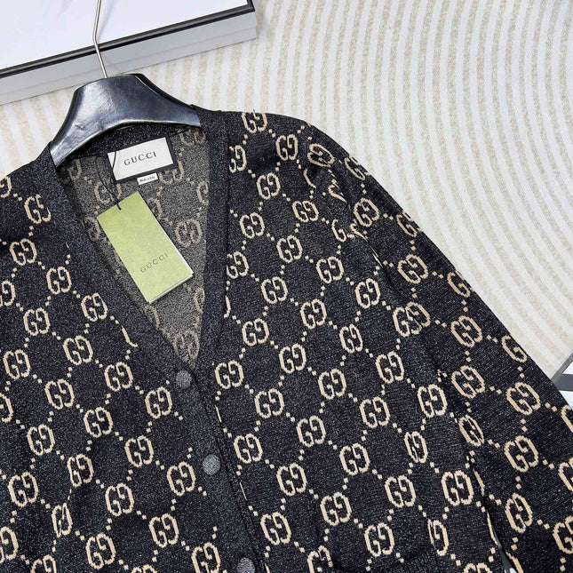 GG V-Neck Long Sleeve Cardigan Black Beige Monogram