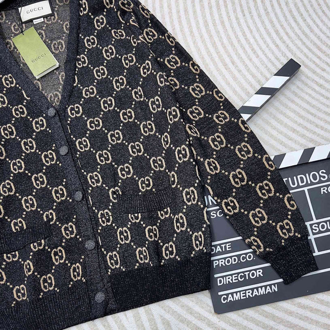 GG V-Neck Long Sleeve Cardigan Black Beige Monogram