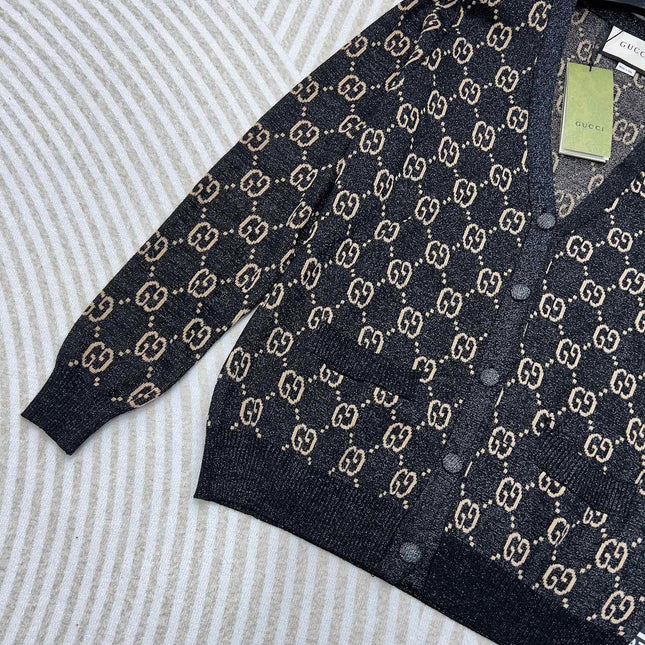 GG V-Neck Long Sleeve Cardigan Black Beige Monogram