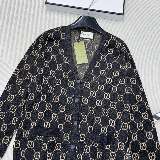 GG V-Neck Long Sleeve Cardigan Black Beige Monogram