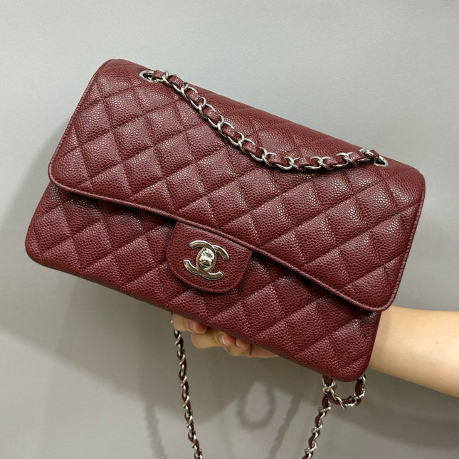 FLAP BAG 25 IN WINE CAVIAR LAMBSKIN SILVER HARDWARE