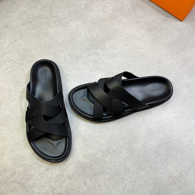 KAZIMIR SANDAL IN BLACK CALFSKIN AND CANVAS