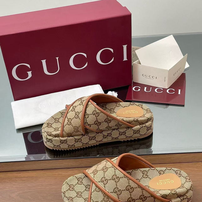 GG PLATFORM SANDALS IN BEIGE AND DARK BROWN GG CANVAS