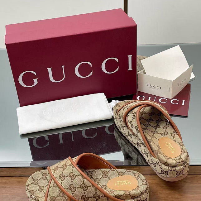 GG PLATFORM SANDALS IN BEIGE AND DARK BROWN GG CANVAS