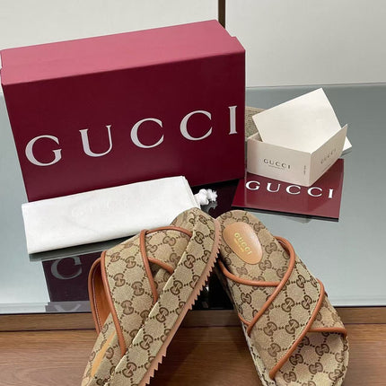 GG PLATFORM SANDALS IN BEIGE AND DARK BROWN GG CANVAS