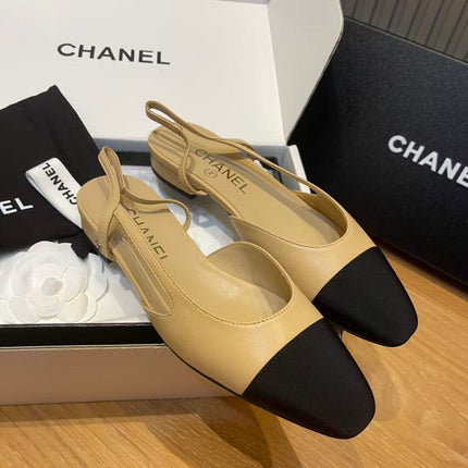 SLINGBACKS IN BEIGE LAMBSKIN AND BLACK SATIN