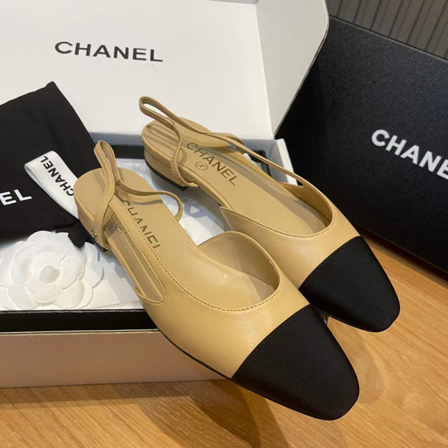 SLINGBACKS IN BEIGE LAMBSKIN AND BLACK SATIN