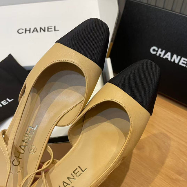 SLINGBACKS IN BEIGE LAMBSKIN AND BLACK SATIN