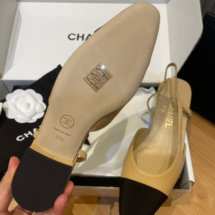 SLINGBACKS IN BEIGE LAMBSKIN AND BLACK SATIN