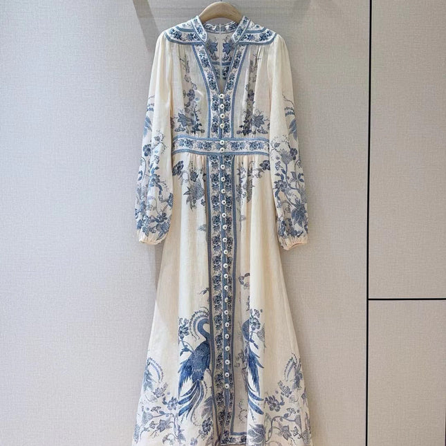 ZIMMERMANN Lucky Plunge Midi Dress Cream/Blue Floral Linen Fabric