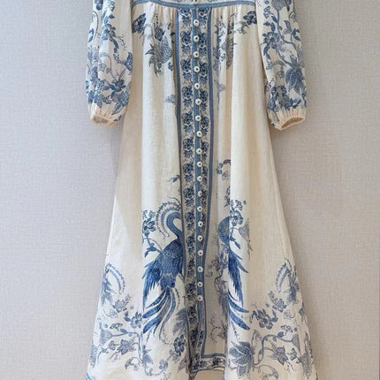 ZIMMERMANN Lucky Plunge Midi Dress Cream/Blue Floral Linen Fabric