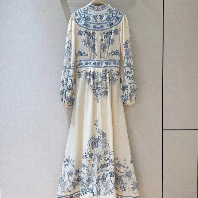 ZIMMERMANN Lucky Plunge Midi Dress Cream/Blue Floral Linen Fabric