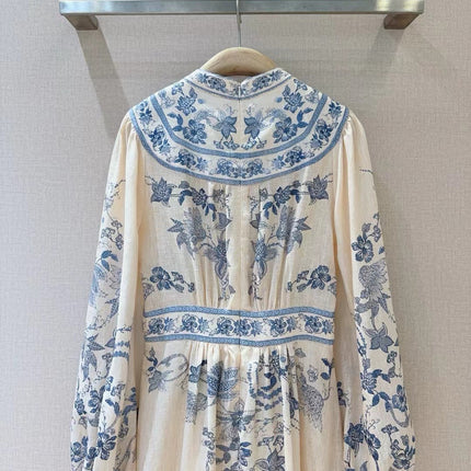 ZIMMERMANN Lucky Plunge Midi Dress Cream/Blue Floral Linen Fabric