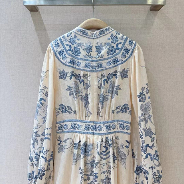 ZIMMERMANN Lucky Plunge Midi Dress Cream/Blue Floral Linen Fabric