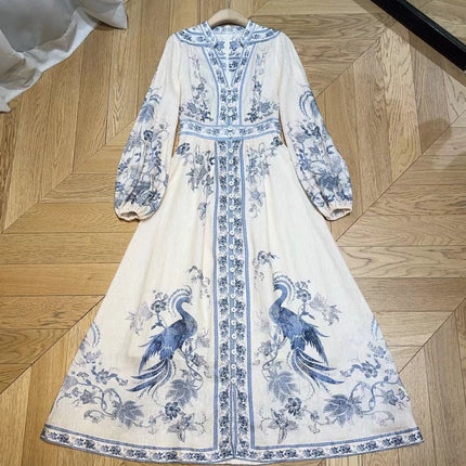 ZIMMERMANN Lucky Plunge Midi Dress Cream/Blue Floral Linen Fabric