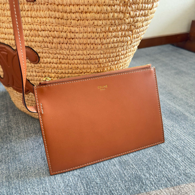 MEDIUM SUPPLE CELINE CLASSIC PANIER IN RAFFIA AND CALFSKIN