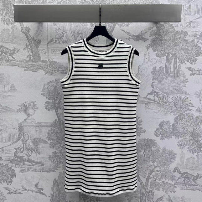 Triomphe Striped Mini Dress Black White Crocheted Cotton