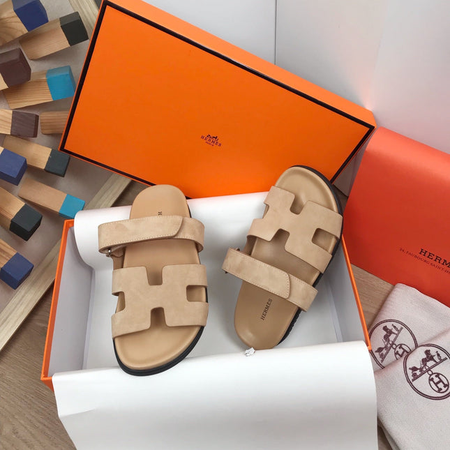 IZMIR SANDALS BEIGE SUEDE WITH SIGNATURE H CUT-OUT DESIGN