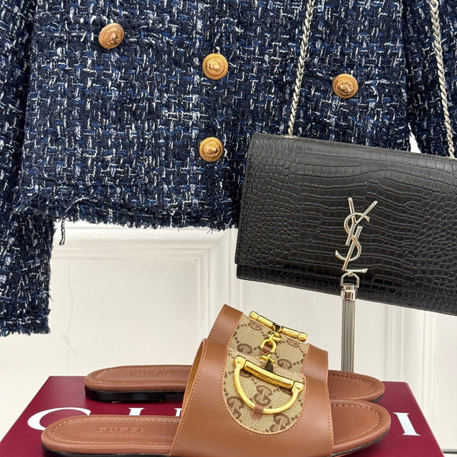 HORSEBIT SLIDE SANDALS BROWN CANVAS AND LEATHER WITH GOLD HARDWARE