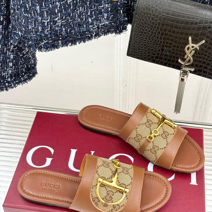 HORSEBIT SLIDE SANDALS BROWN CANVAS AND LEATHER WITH GOLD HARDWARE