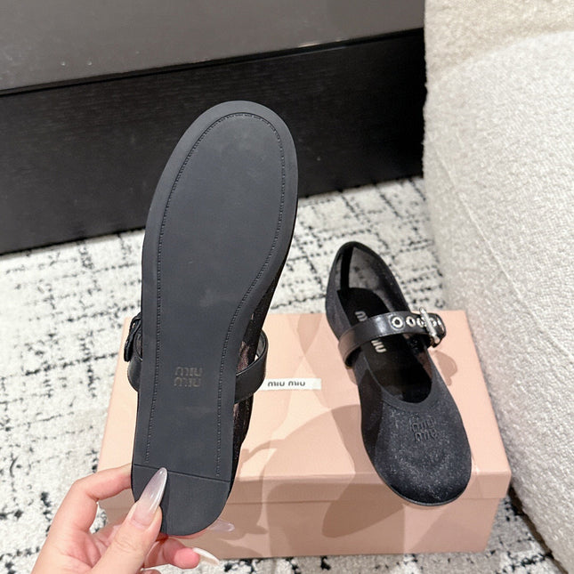 MM BALLET FLATS IN BLACK MESH AND LEATHER