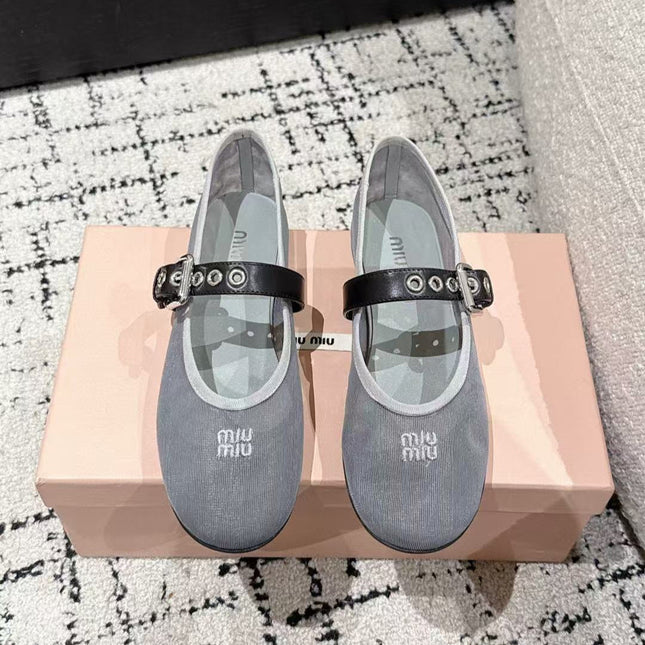 MM BALLET FLATS IN GREY MESH AND LEATHER