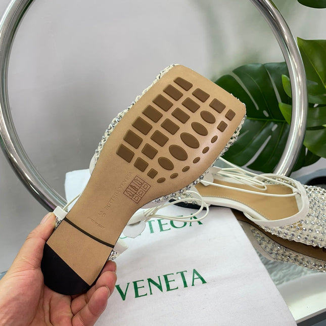 LIDO BALLET FLATS IN WHITE SATIN CRYSTAL EMBELLISHED MESH WITH LACE-UP STRAPS