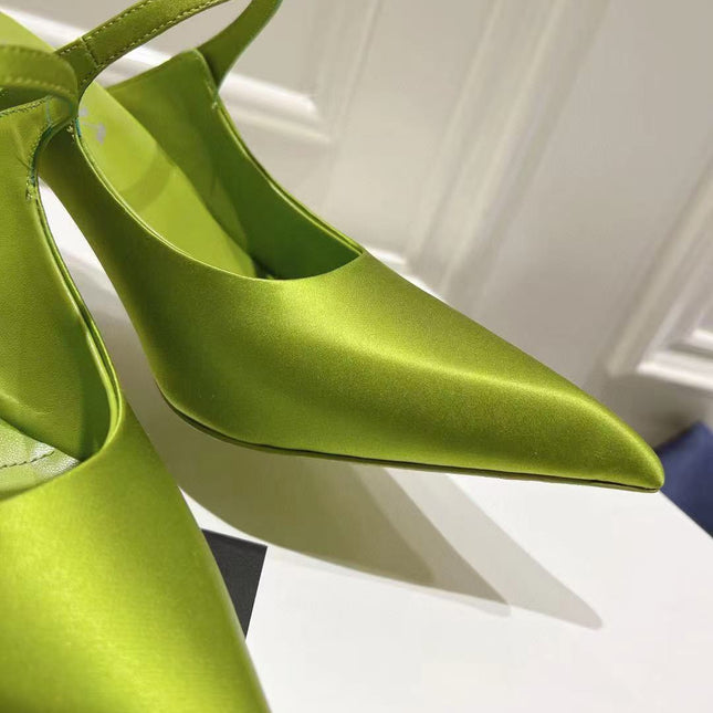 PRA 75 POINTED SATIN MULES IN GREEN FLEECE HEEL