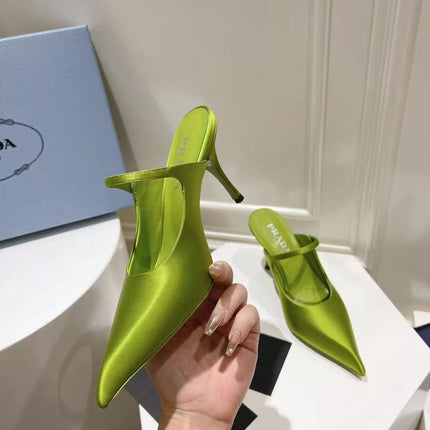 PRA 75 POINTED SATIN MULES IN GREEN FLEECE HEEL