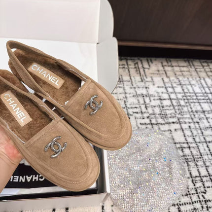 SLINGBACK LOAFER IN DARK BEIGE SUEDE AND SHEARLING