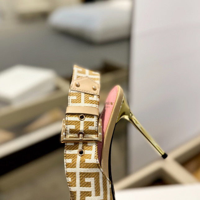 RUBY SANDALS IN BEIGE CALFSKIN AND PB LABYRINTH CANVAS