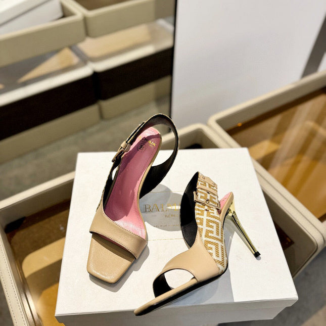 RUBY SANDALS IN BEIGE CALFSKIN AND PB LABYRINTH CANVAS